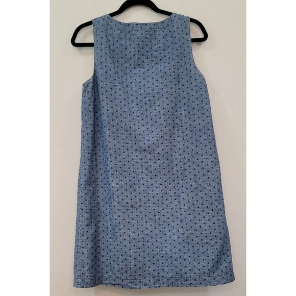 Fossil Blue Denim Jeans Shift Dress Lined Pleated Neck Sleeveless Polka Sz. S - Picture 2 of 7